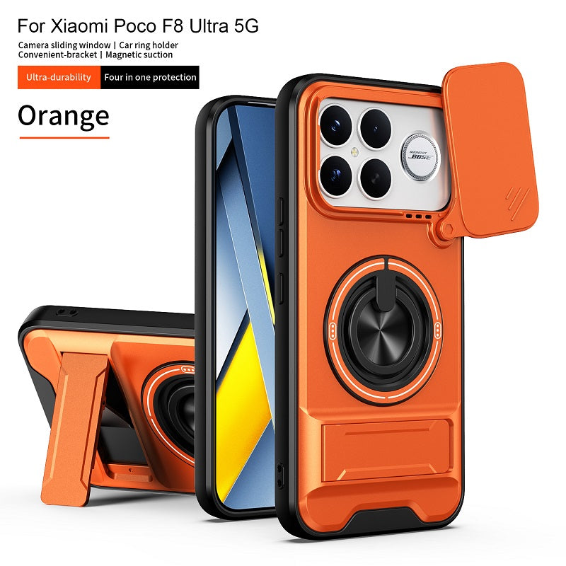 Luxury Slide Camera Lens Cover Case for Xiaomi Poco F8 Ultra, Built-in Ring Stand and Folding Stand Magnetic Protective Case