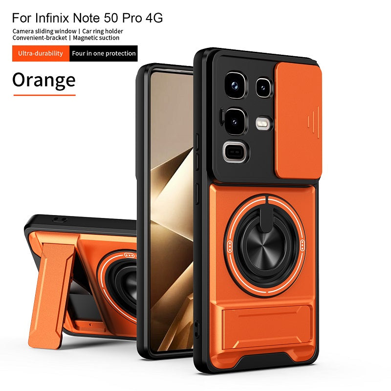 Luxury Slide Camera Lens Cover Case for Infinix Note 50 Pro 4G/Note 50 4G, Built-in Ring Stand and Folding Stand Magnetic Protective Case