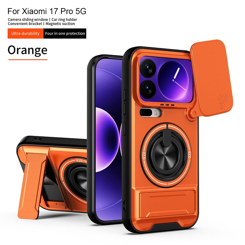 Luxury Slide Camera Lens Cover Case for Xiaomi 17 Pro, Built-in Ring Stand and Folding Stand Magnetic Protective Case