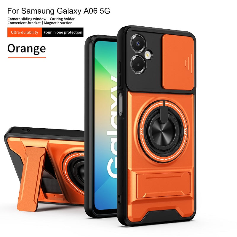Luxury Slide Camera Lens Cover Case for Samsung Galaxy A06 5G/4G, Built-in Ring Stand and Folding Stand Magnetic Protective Case