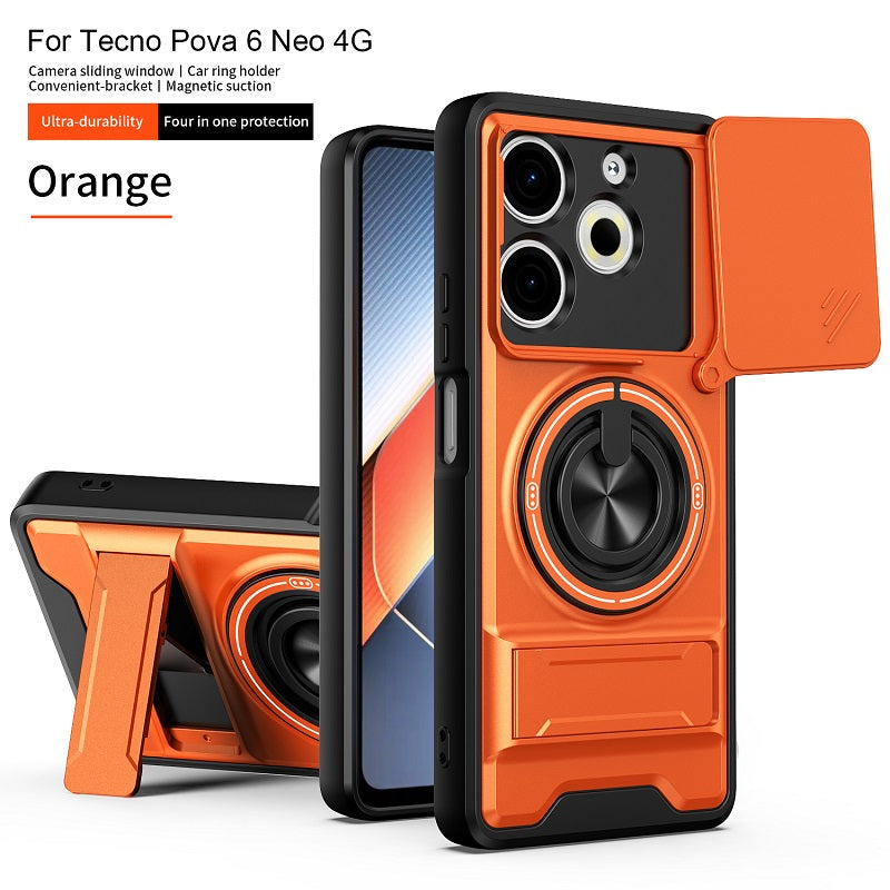 Luxury Slide Camera Lens Cover Case for Tecno Pova 6 Neo 4G, Built-in Ring Stand and Folding Stand Magnetic Protective Case