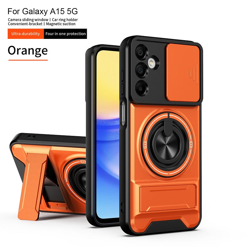 Luxury Slide Camera Lens Cover Case for Samsung Galaxy A15 5G/4G, Built-in Ring Stand and Folding Stand Magnetic Protective Case