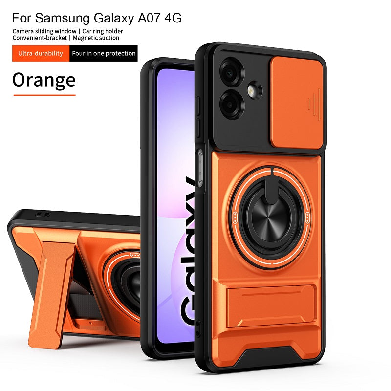 Luxury Slide Camera Lens Cover Case for Samsung Galaxy A07 4G, Built-in Ring Stand and Folding Stand Magnetic Protective Case