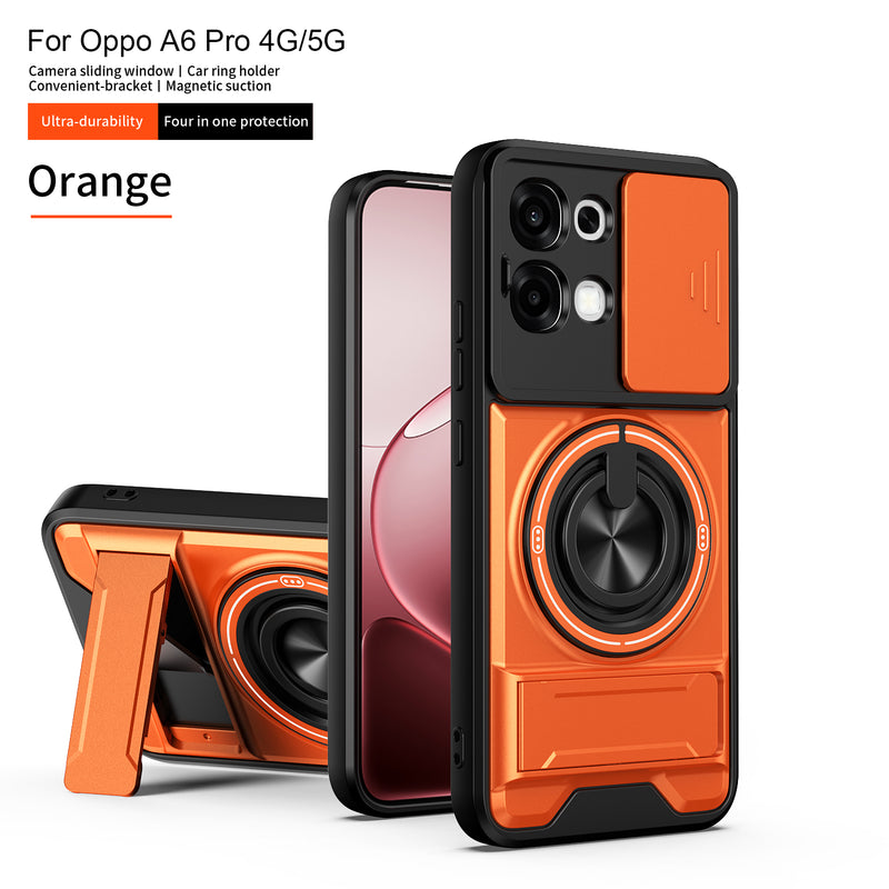 Luxury Slide Camera Lens Cover Case for OPPO A6 Pro 5G/4G, Built-in Ring Stand and Folding Stand Magnetic Protective Case