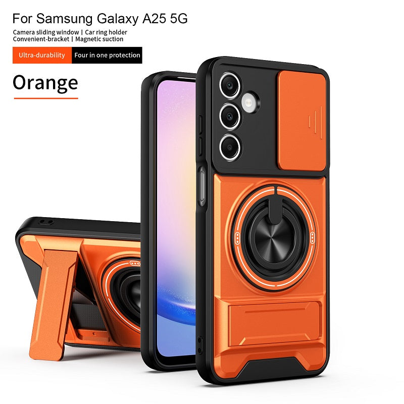Luxury Slide Camera Lens Cover Case for Samsung Galaxy A25 5G, Built-in Ring Stand and Folding Stand Magnetic Protective Case