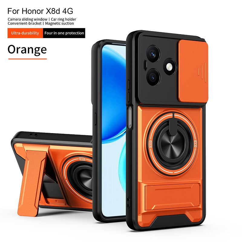 Luxury Slide Camera Lens Cover Case for Honor X8D, Built-in Ring Stand and Folding Stand Magnetic Protective Case