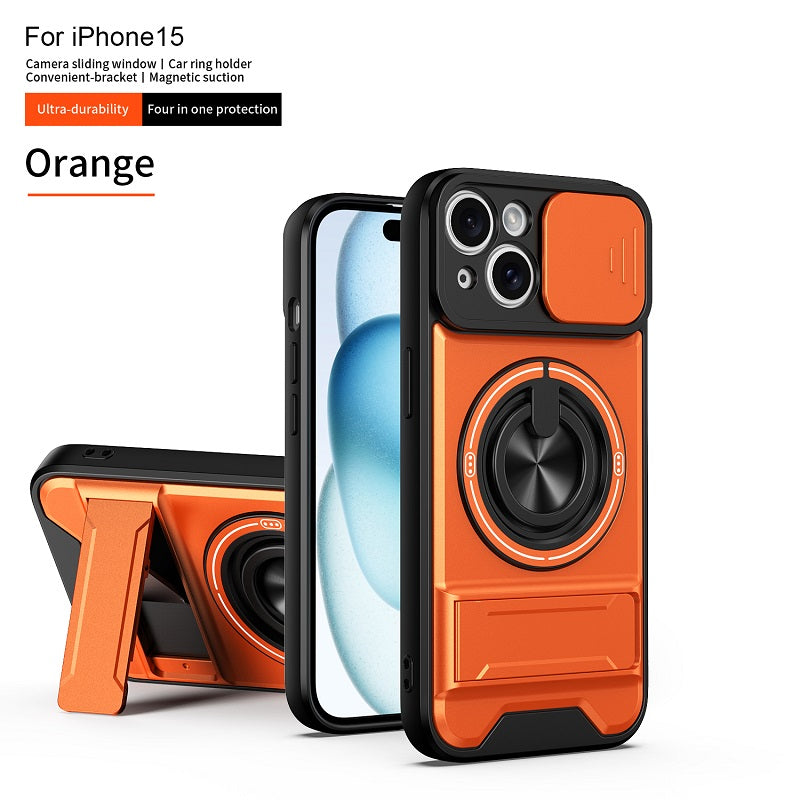 Luxury Slide Camera Lens Cover Case for iPhone 15, Built-in Ring Stand and Folding Stand Magnetic Protective Case