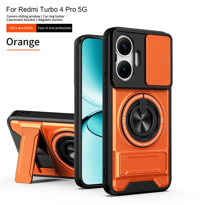 Luxury Slide Camera Lens Cover Case for Xiaomi Redmi Turbo 4 Pro/Poco F7, Built-in Ring Stand and Folding Stand Magnetic Protective Case