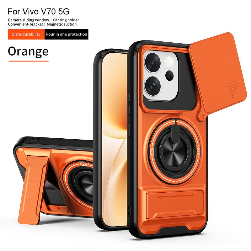 Luxury Slide Camera Lens Cover Case for Vivo V70 5G, Built-in Ring Stand and Folding Stand Magnetic Protective Case