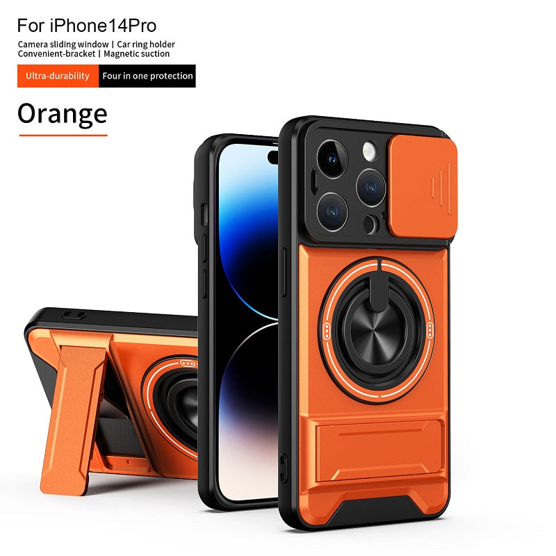 Luxury Slide Camera Lens Cover Case for iPhone 14 Pro, Built-in Ring Stand and Folding Stand Magnetic Protective Case