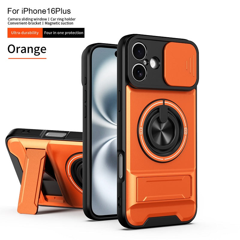 Luxury Slide Camera Lens Cover Case for iPhone 16 Plus, Built-in Ring Stand and Folding Stand Magnetic Protective Case