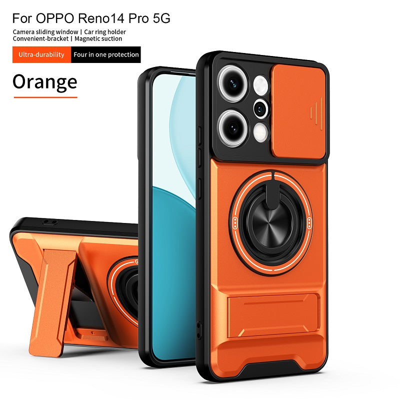 Luxury Slide Camera Lens Cover Case for OPPO Reno 14 Pro 5G, Built-in Ring Stand and Folding Stand Magnetic Protective Case