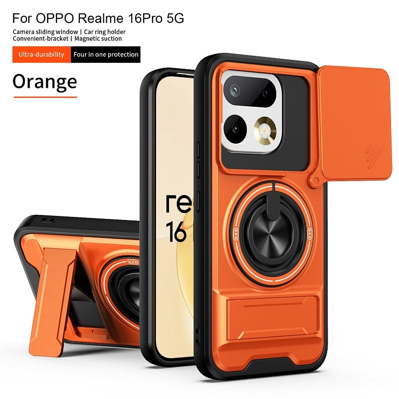 Luxury Slide Camera Lens Cover Case for OPPO Realme 16 Pro 5G, Built-in Ring Stand and Folding Stand Magnetic Protective Case