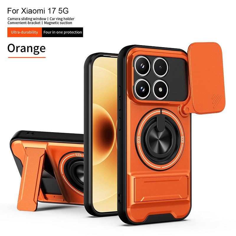 Luxury Slide Camera Lens Cover Case for Xiaomi 17, Built-in Ring Stand and Folding Stand Magnetic Protective Case
