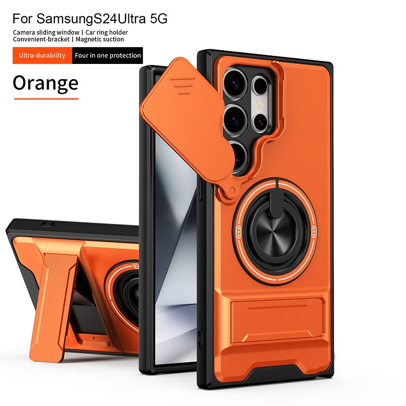 Luxury Slide Camera Lens Cover Case for Samsung Galaxy S24 Ultra, Built-in Ring Stand and Folding Stand Magnetic Protective Case