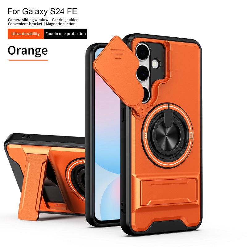 Luxury Slide Camera Lens Cover Case for Samsung Galaxy S24 FE, Built-in Ring Stand and Folding Stand Magnetic Protective Case