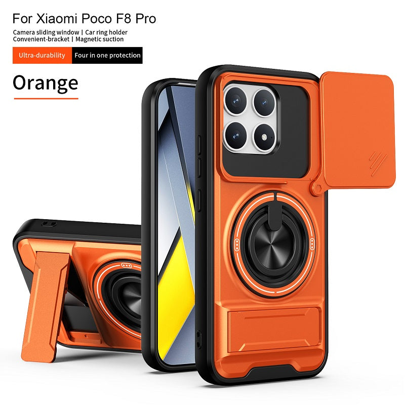 Luxury Slide Camera Lens Cover Case for Xiaomi Poco F8 Pro, Built-in Ring Stand and Folding Stand Magnetic Protective Case
