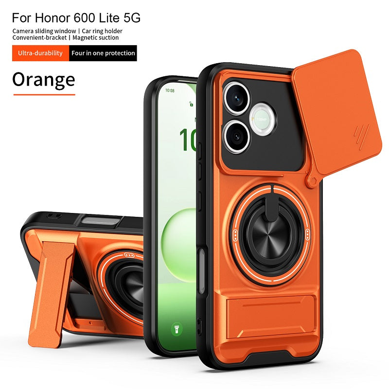 Luxury Slide Camera Lens Cover Case for Honor 600 Lite, Built-in Ring Stand and Folding Stand Magnetic Protective Case