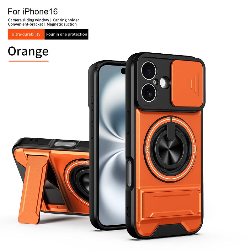 Luxury Slide Camera Lens Cover Case for iPhone 16, Built-in Ring Stand and Folding Stand Magnetic Protective Case
