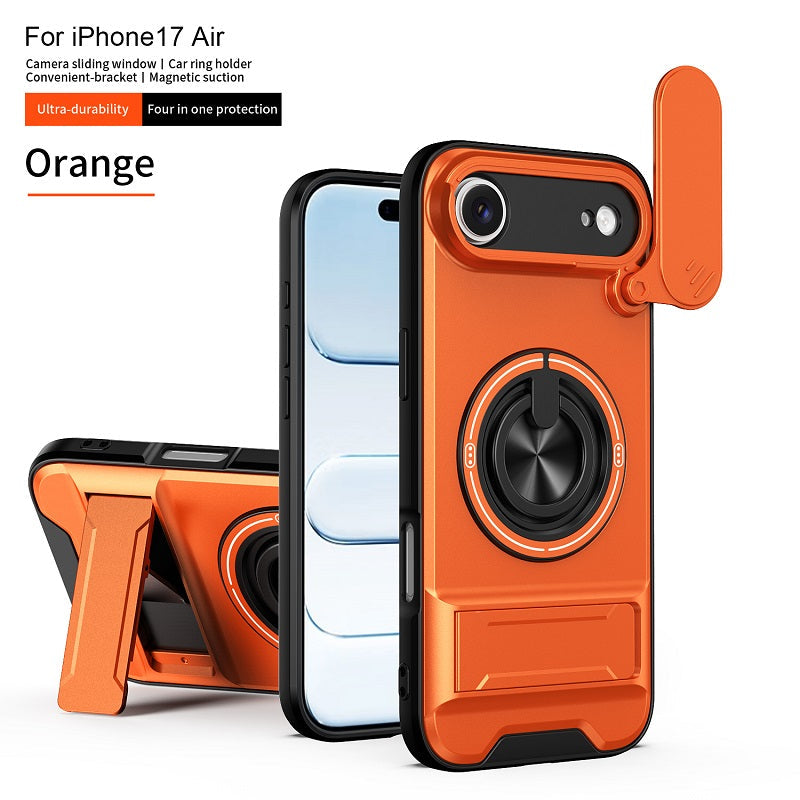 Luxury Slide Camera Lens Cover Case for iPhone 17 Air, Built-in Ring Stand and Folding Stand Magnetic Protective Case