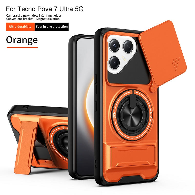 Luxury Slide Camera Lens Cover Case for Tecno Pova 7 Ultra 5G, Built-in Ring Stand and Folding Stand Magnetic Protective Case