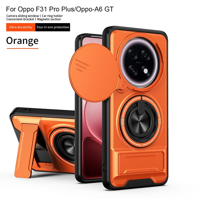 Luxury Slide Camera Lens Cover Case for OPPO F31 Pro+/OPPO A6 GT, Built-in Ring Stand and Folding Stand Magnetic Protective Case