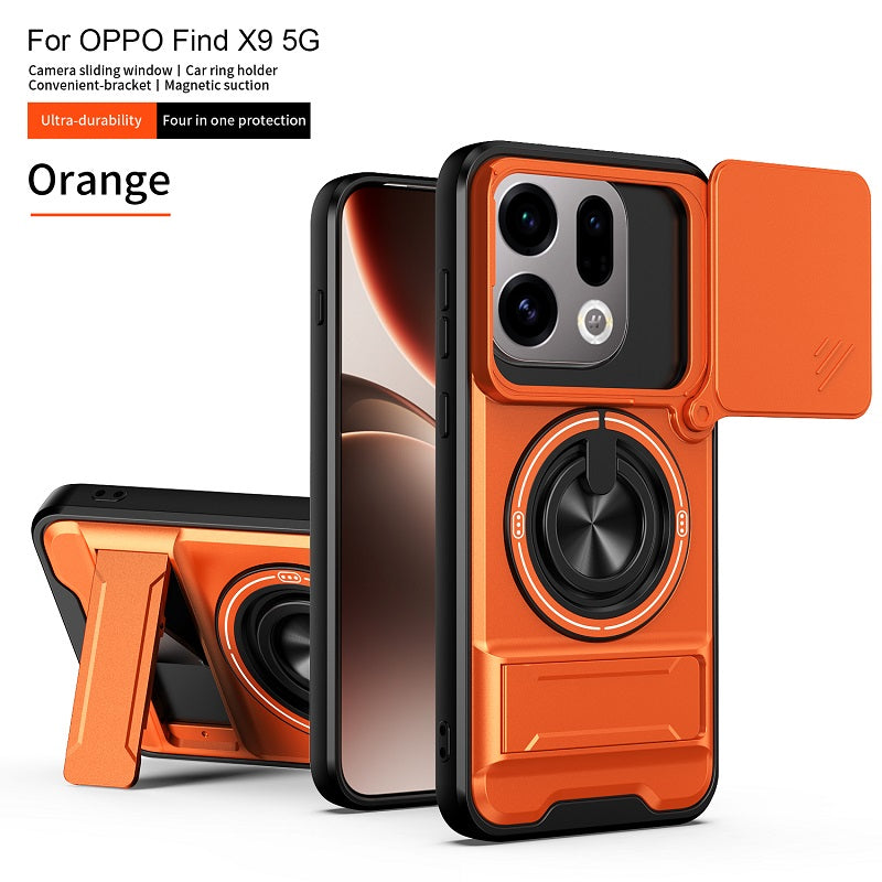 Luxury Slide Camera Lens Cover Case for OPPO Find X9, Built-in Ring Stand and Folding Stand Magnetic Protective Case