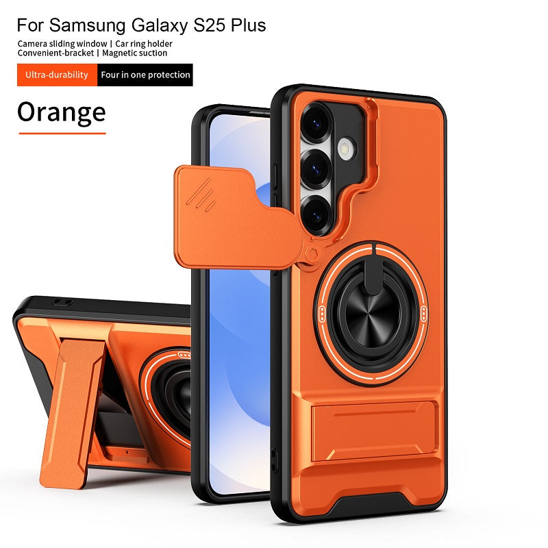 Luxury Slide Camera Lens Cover Case for Samsung Galaxy S25 Plus, Built-in Ring Stand and Folding Stand Magnetic Protective Case