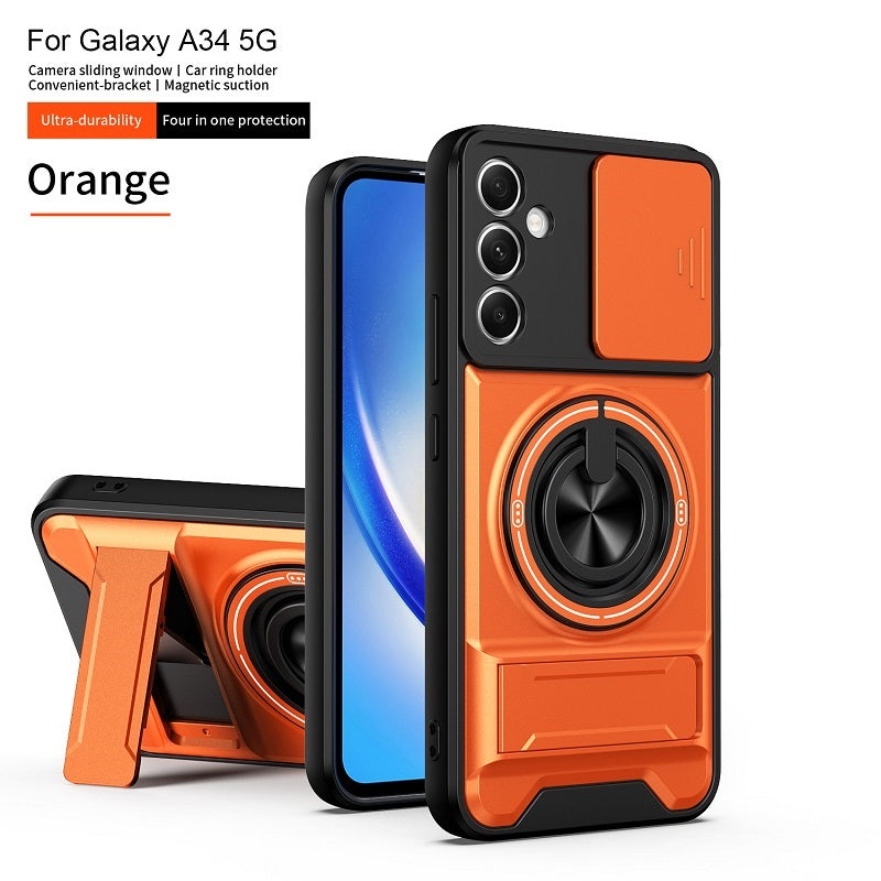 Luxury Slide Camera Lens Cover Case for Samsung Galaxy A34 5G, Built-in Ring Stand and Folding Stand Magnetic Protective Case