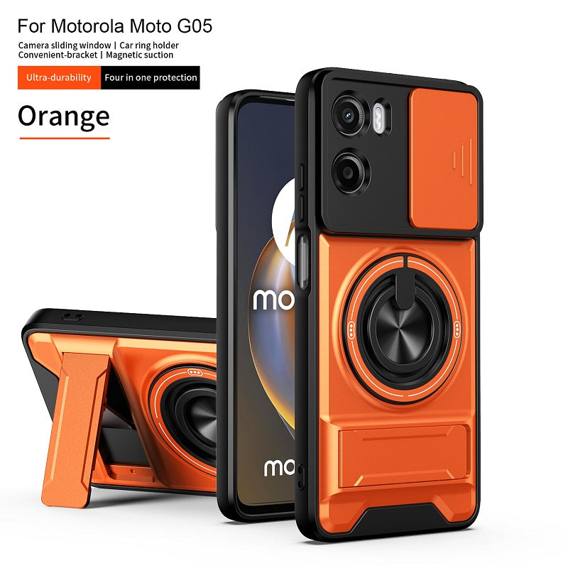 Luxury Slide Camera Lens Cover Case for Motorola Moto G05 4G, Built-in Ring Stand and Folding Stand Magnetic Protective Case