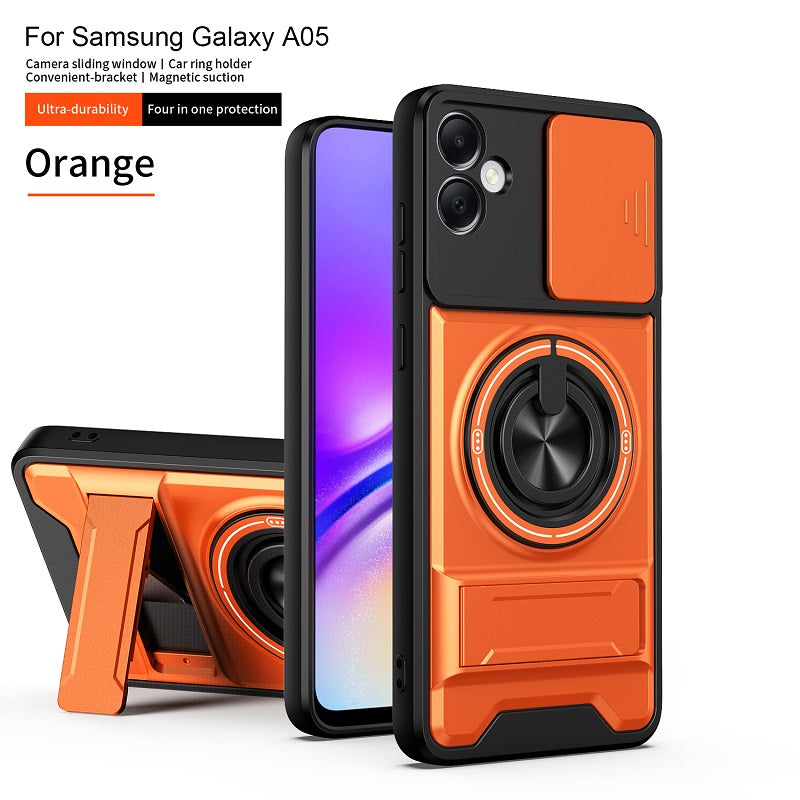 Luxury Slide Camera Lens Cover Case for Samsung Galaxy A05 4G, Built-in Ring Stand and Folding Stand Magnetic Protective Case