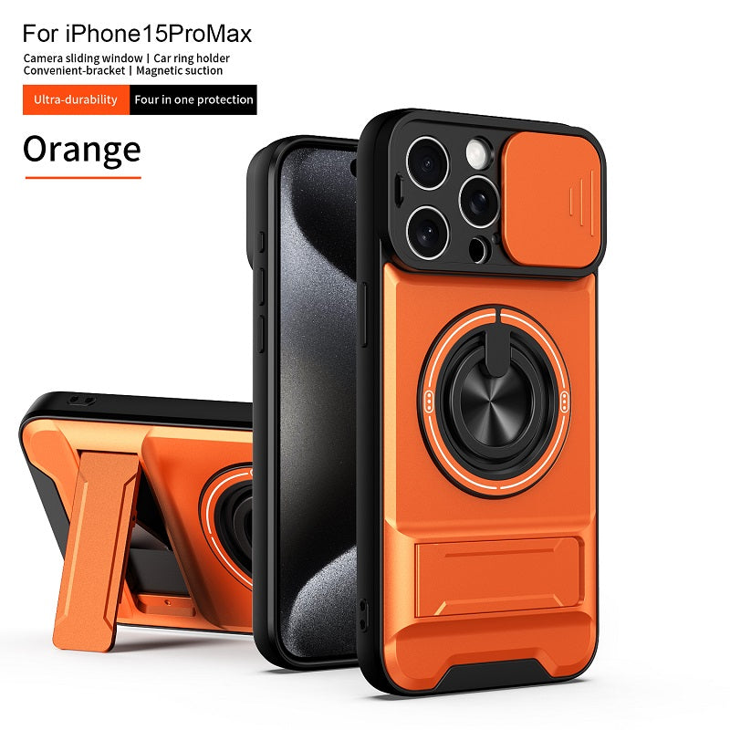 Luxury Slide Camera Lens Cover Case for iPhone 15 Pro Max, Built-in Ring Stand and Folding Stand Magnetic Protective Case