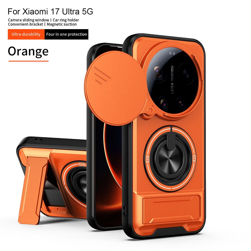 Luxury Slide Camera Lens Cover Case for Xiaomi 17 Ultra 5G, Built-in Ring Stand and Folding Stand Magnetic Protective Case