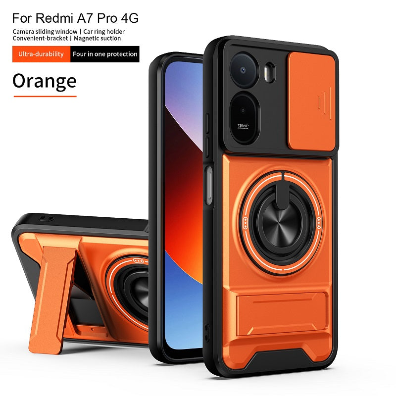 Luxury Slide Camera Lens Cover Case for Xiaomi Redmi A7 Pro 4G, Built-in Ring Stand and Folding Stand Magnetic Protective Case