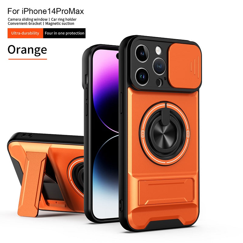 Luxury Slide Camera Lens Cover Case for iPhone 14 Pro Max, Built-in Ring Stand and Folding Stand Magnetic Protective Case