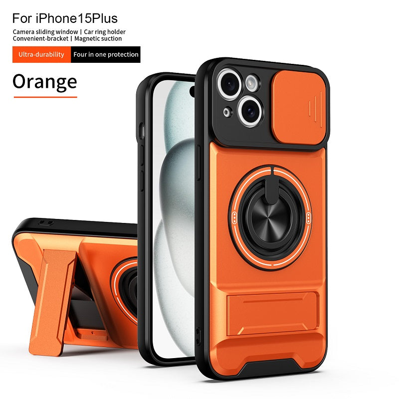 Luxury Slide Camera Lens Cover Case for iPhone 15 Plus, Built-in Ring Stand and Folding Stand Magnetic Protective Case