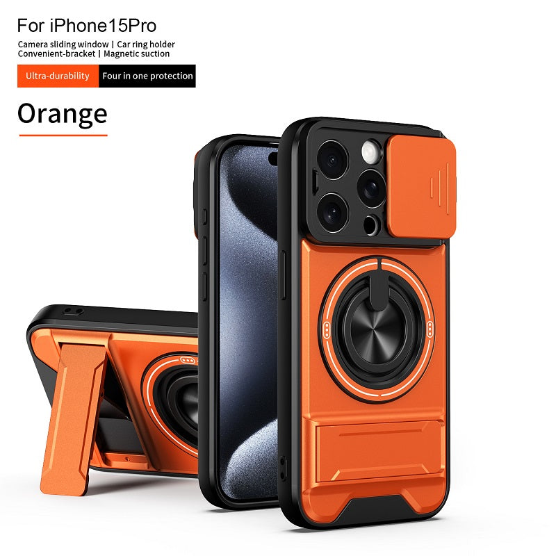 Luxury Slide Camera Lens Cover Case for iPhone 15 Pro, Built-in Ring Stand and Folding Stand Magnetic Protective Case