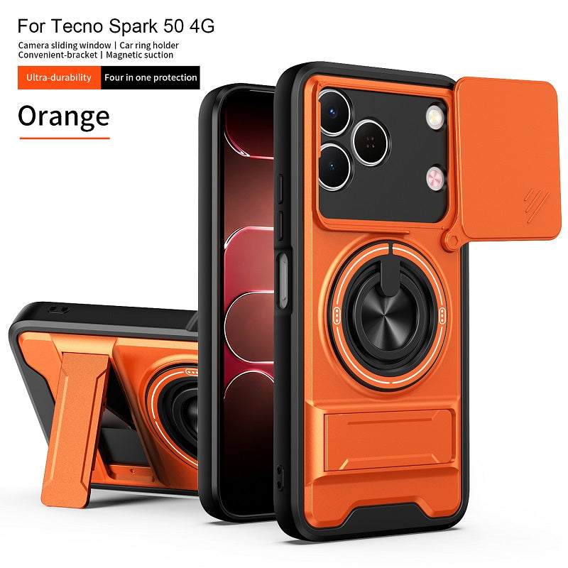 Luxury Slide Camera Lens Cover Case for Tecno Spark 50 4G, Built-in Ring Stand and Folding Stand Magnetic Protective Case