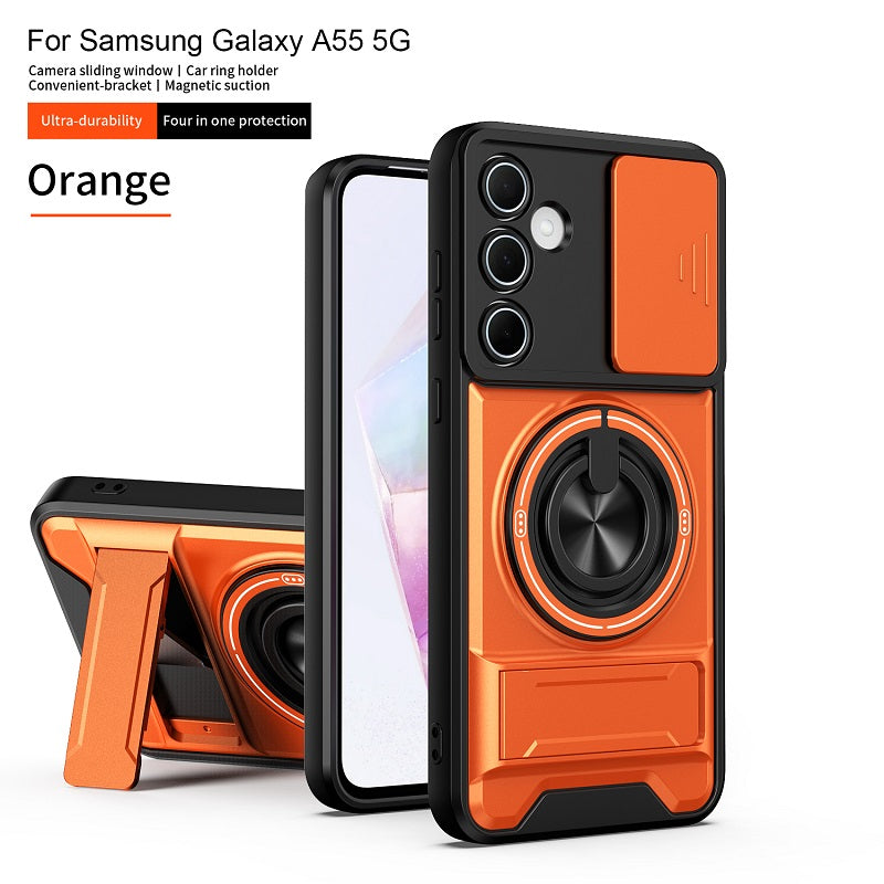 Luxury Slide Camera Lens Cover Case for Samsung Galaxy A55 5G, Built-in Ring Stand and Folding Stand Magnetic Protective Case