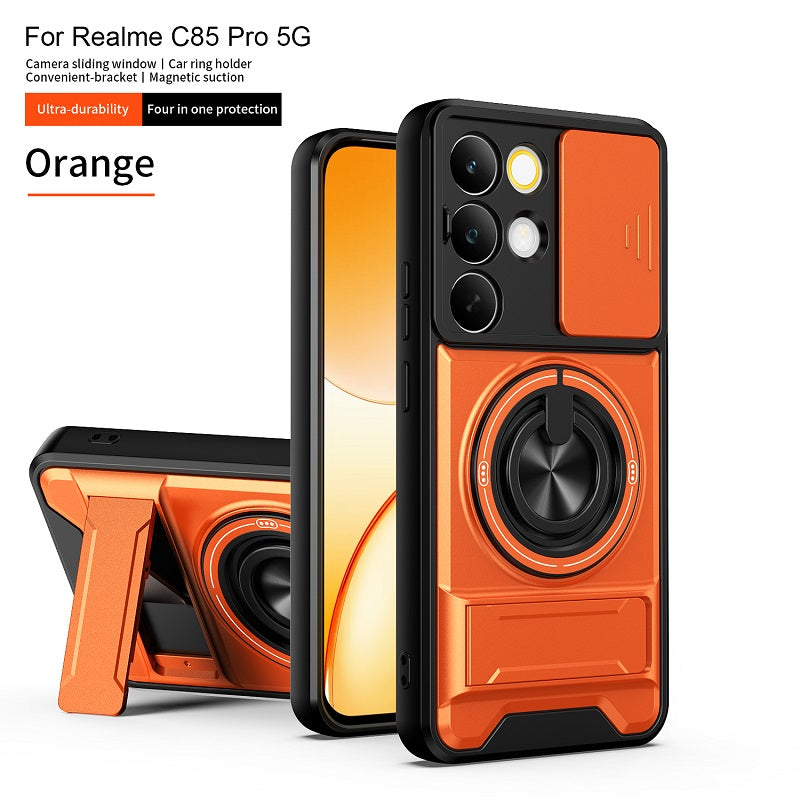 Luxury Slide Camera Lens Cover Case for OPPO Realme C85 Pro 5G, Built-in Ring Stand and Folding Stand Magnetic Protective Case
