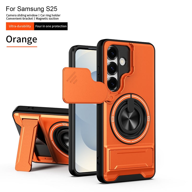 Luxury Slide Camera Lens Cover Case for Samsung Galaxy S25, Built-in Ring Stand and Folding Stand Magnetic Protective Case