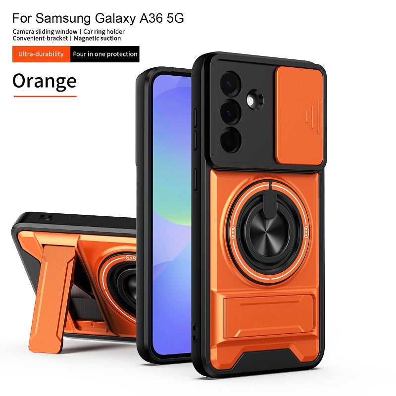 Luxury Slide Camera Lens Cover Case for Samsung Galaxy A36 5G, Built-in Ring Stand and Folding Stand Magnetic Protective Case