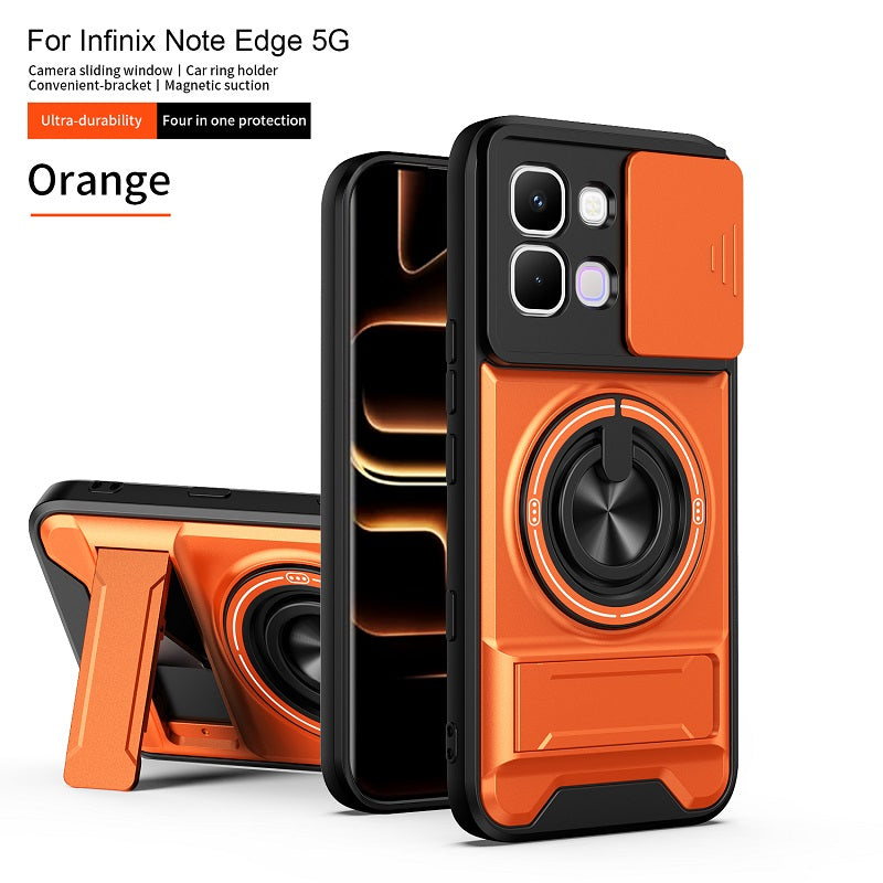 Luxury Slide Camera Lens Cover Case for Infinix Note Edge 5G, Built-in Ring Stand and Folding Stand Magnetic Protective Case