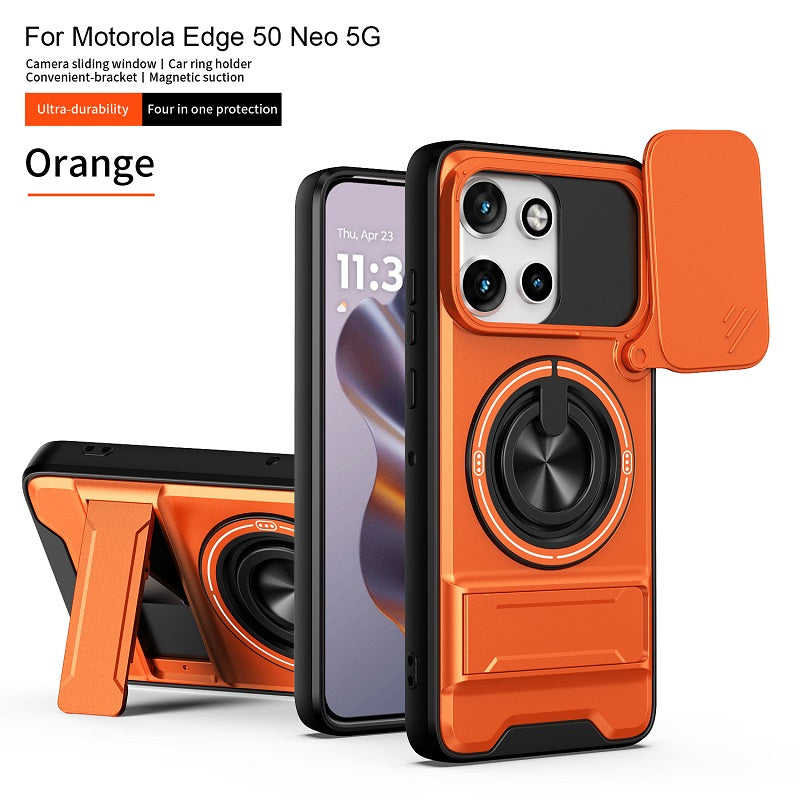 Luxury Slide Camera Lens Cover Case for Motorola Edge 50 Neo 5G, Built-in Ring Stand and Folding Stand Magnetic Protective Case