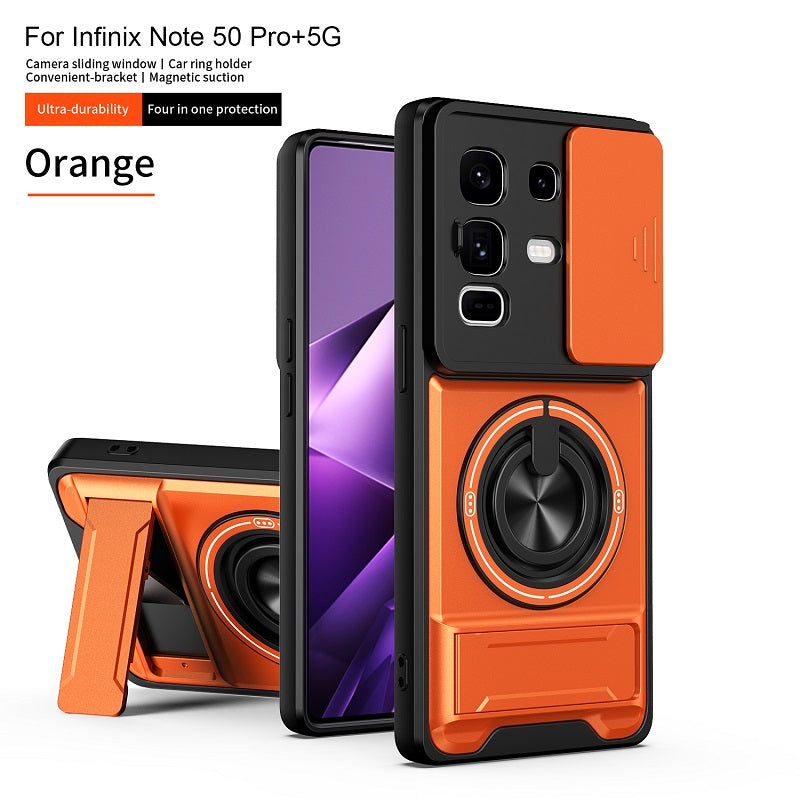Luxury Slide Camera Lens Cover Case for Infinix Note 50 Pro+/Plus 5G, Built-in Ring Stand and Folding Stand Magnetic Protective Case