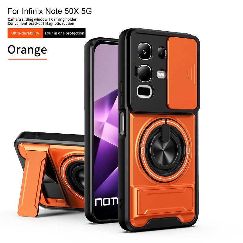 Luxury Slide Camera Lens Cover Case for Infinix Note 50X 5G, Built-in Ring Stand and Folding Stand Magnetic Protective Case