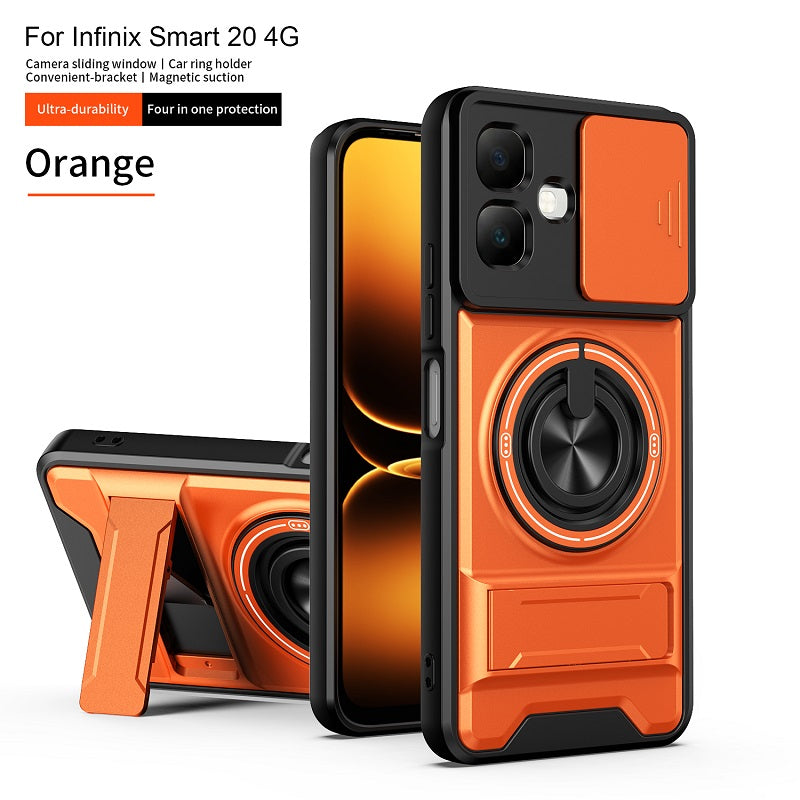 Luxury Slide Camera Lens Cover Case for Infinix Smart 20 4G, Built-in Ring Stand and Folding Stand Magnetic Protective Case