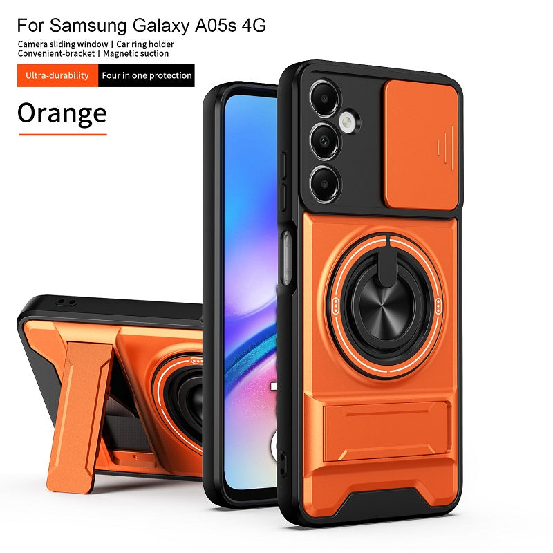 Luxury Slide Camera Lens Cover Case for Samsung Galaxy A05S 4G, Built-in Ring Stand and Folding Stand Magnetic Protective Case