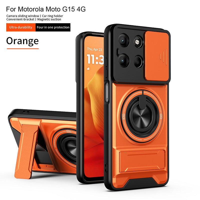 Luxury Slide Camera Lens Cover Case for Motorola Moto G15 4G, Built-in Ring Stand and Folding Stand Magnetic Protective Case