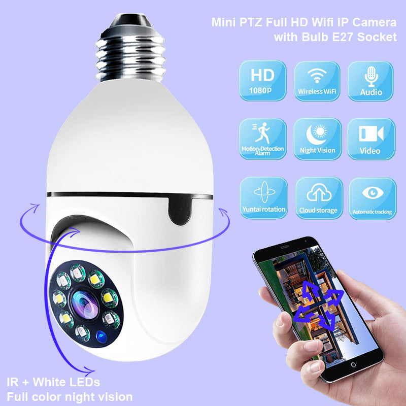 2MP E27 Socket Lamp Holder CCTV WiFi IP Camera PTZ Two Way Audio Home Security Bulb Camera